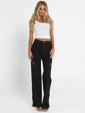 NWT BY.DYLN Vaeda Pants Licorice Black Wide Leg Cargo Pants Contrast Stitch
